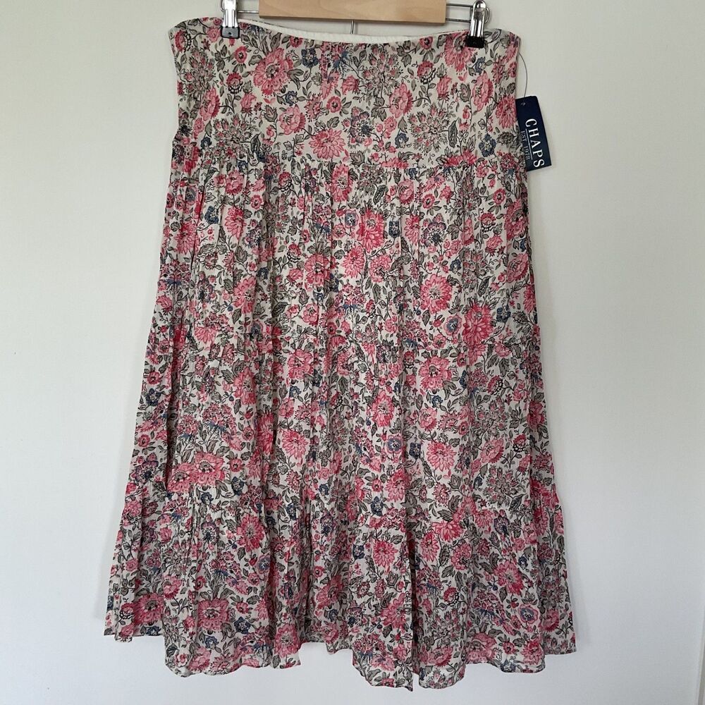 Chaps Floral Tiered Midi Pleated Cotton Skirt L Red Blue Cottagecore Boho Hippie